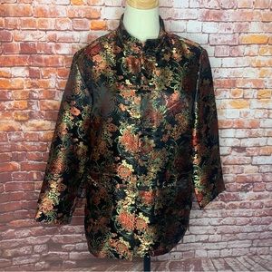 Robert Lewis Black Silk Blend Floral Brocade Asian Inspired Silk Blend J…